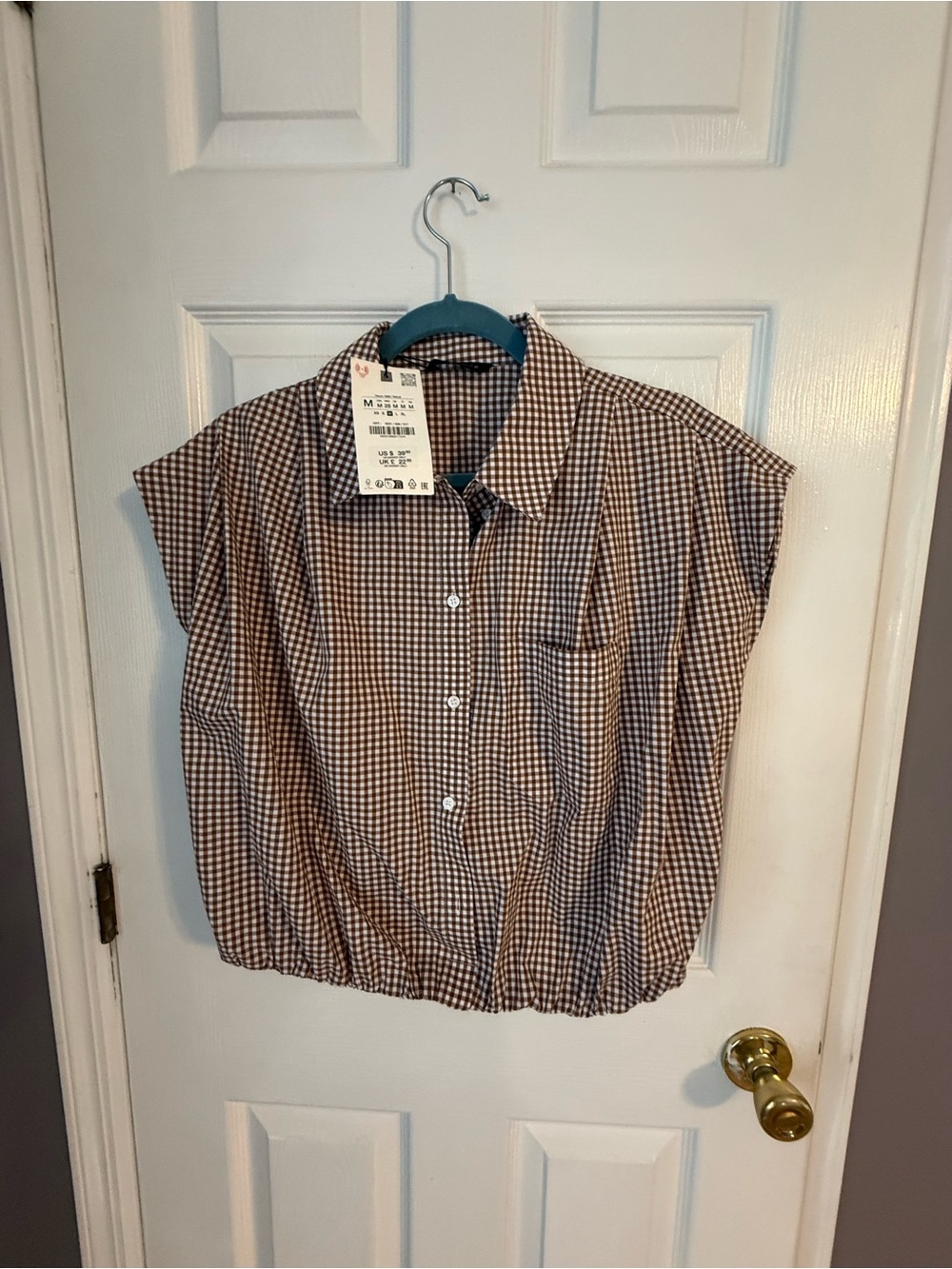 Zara Brown & White Gingham Cap-Sleeve Button-Down Shirt
